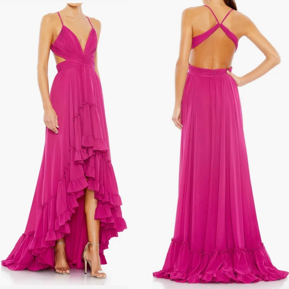 Mac Duggal Pink Asymmetrical High-Low Dress Ieena Tiered Cut Out Sleeveless